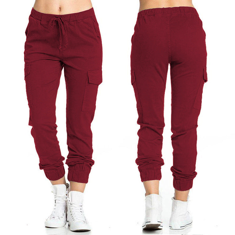 Solid Color Jogger Cargo Pants Multi-Pocket Drawstring Elastic Waist Sports Pants