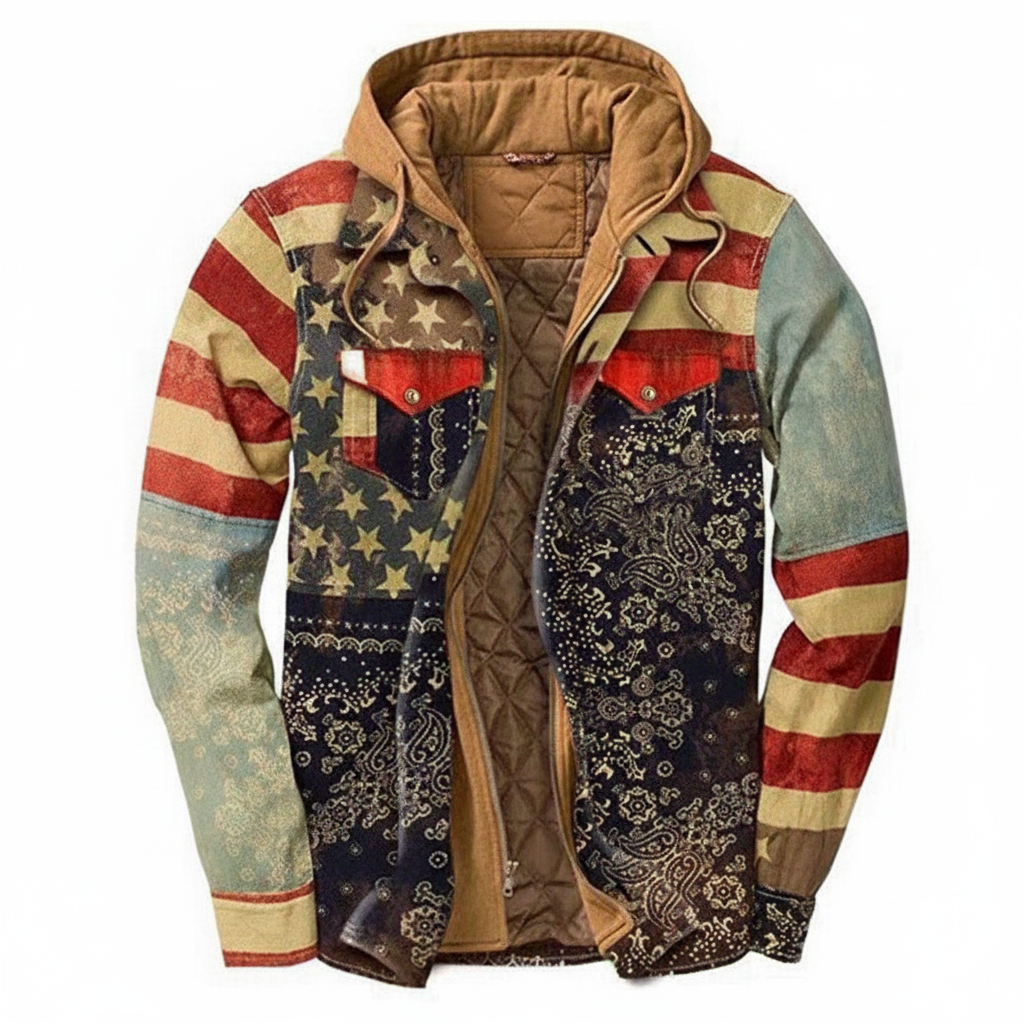 U.S.A. Flag patchwork Men's plaid jacket long sleeved 3D fabric printed coat cotton jacket