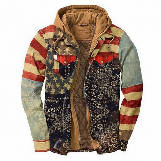 U.S.A. Flag patchwork Men's plaid jacket long sleeved 3D fabric printed coat cotton jacket