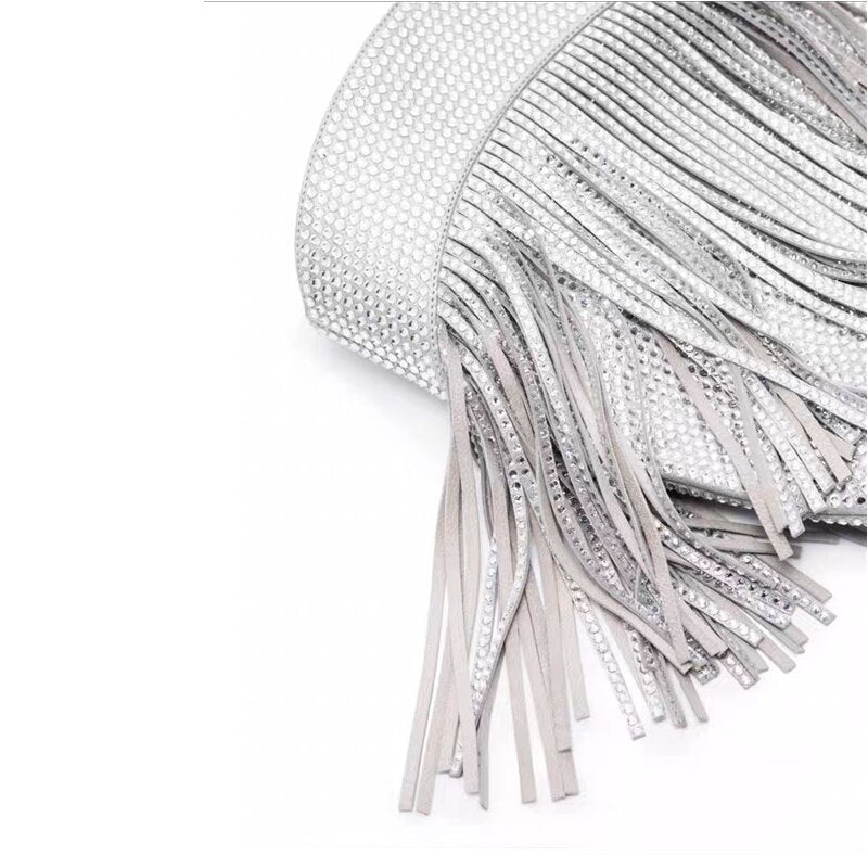 Pointed Toe Rhinestone Silver Tassel Stiletto Suede Super High Heels