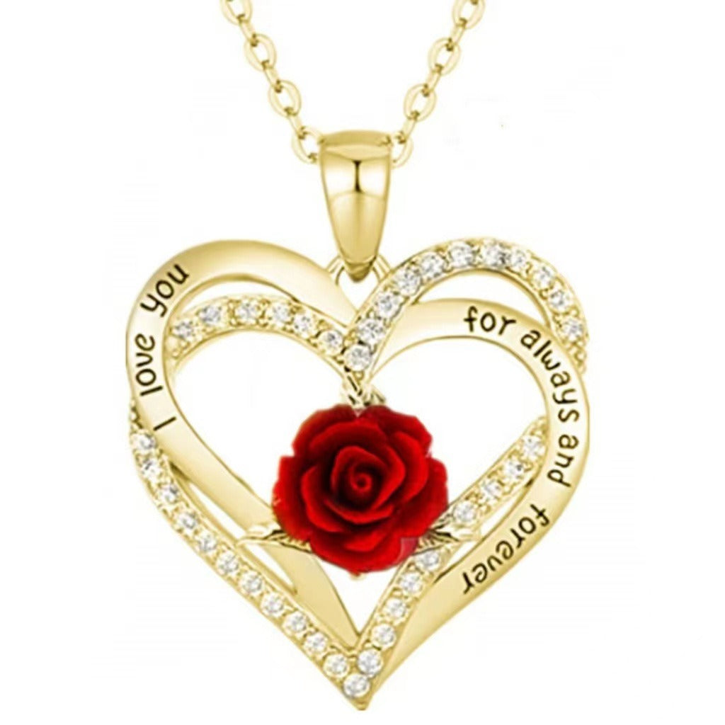 Double-layer heart-shaped pendant with roses, European and American fashionable love necklace
