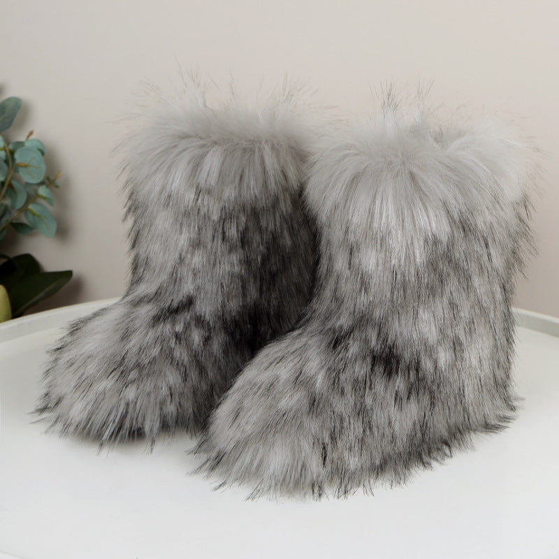 Fuzzy Fluffy Fur Boots Plush lining Slip-on Rubber Flat Footwear