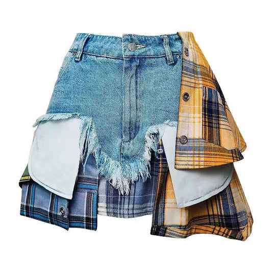 Denim high waisted short patchwork skirt