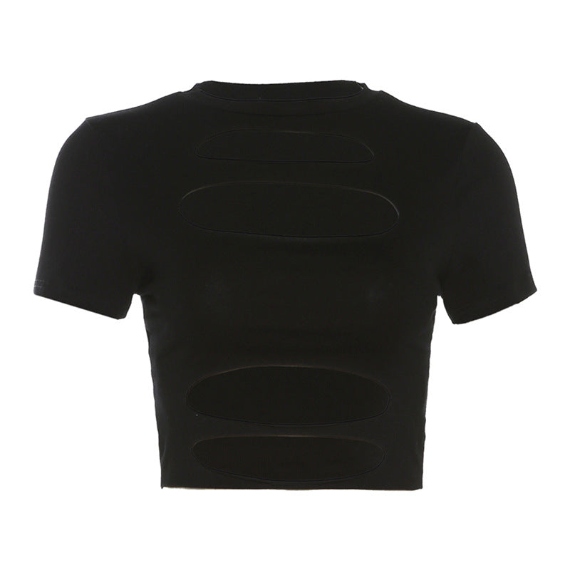 Solid Color Fashion Slim Fit Short Sleeved Hollow Out Short Top