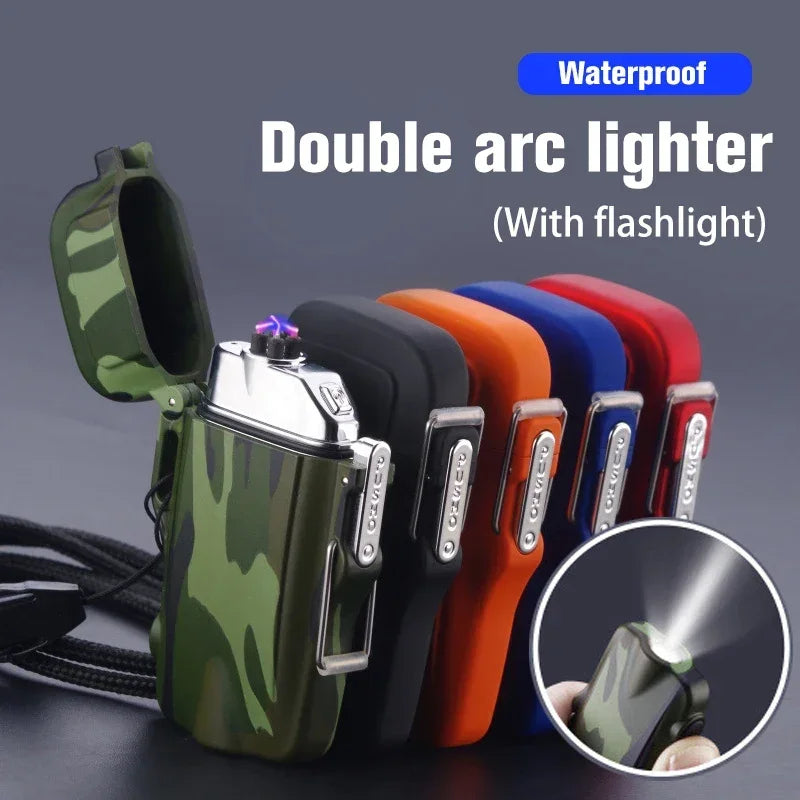 Dual Plasma Arc Lighter with Flashlight Waterproof USB Electric Cigarette Lighter Hiking Starter Turbo lighter