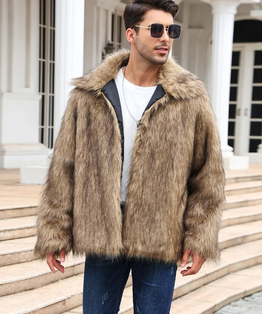 Men Faux Fox Fur Jacket Coat Winter Thick Fluffy Long Sleeve Lapel Warm Shaggy Outerwear Luxury Jacket Bontjas Jackets Mens