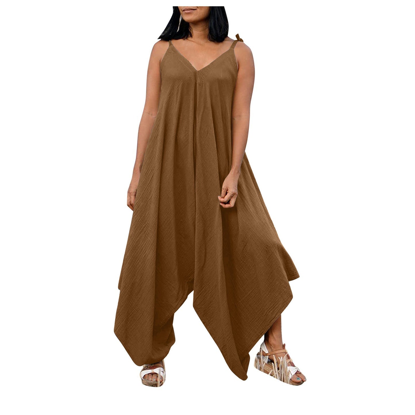 Solid color suspender backless V-neck sleeveless loose wide leg pants jumpsuit