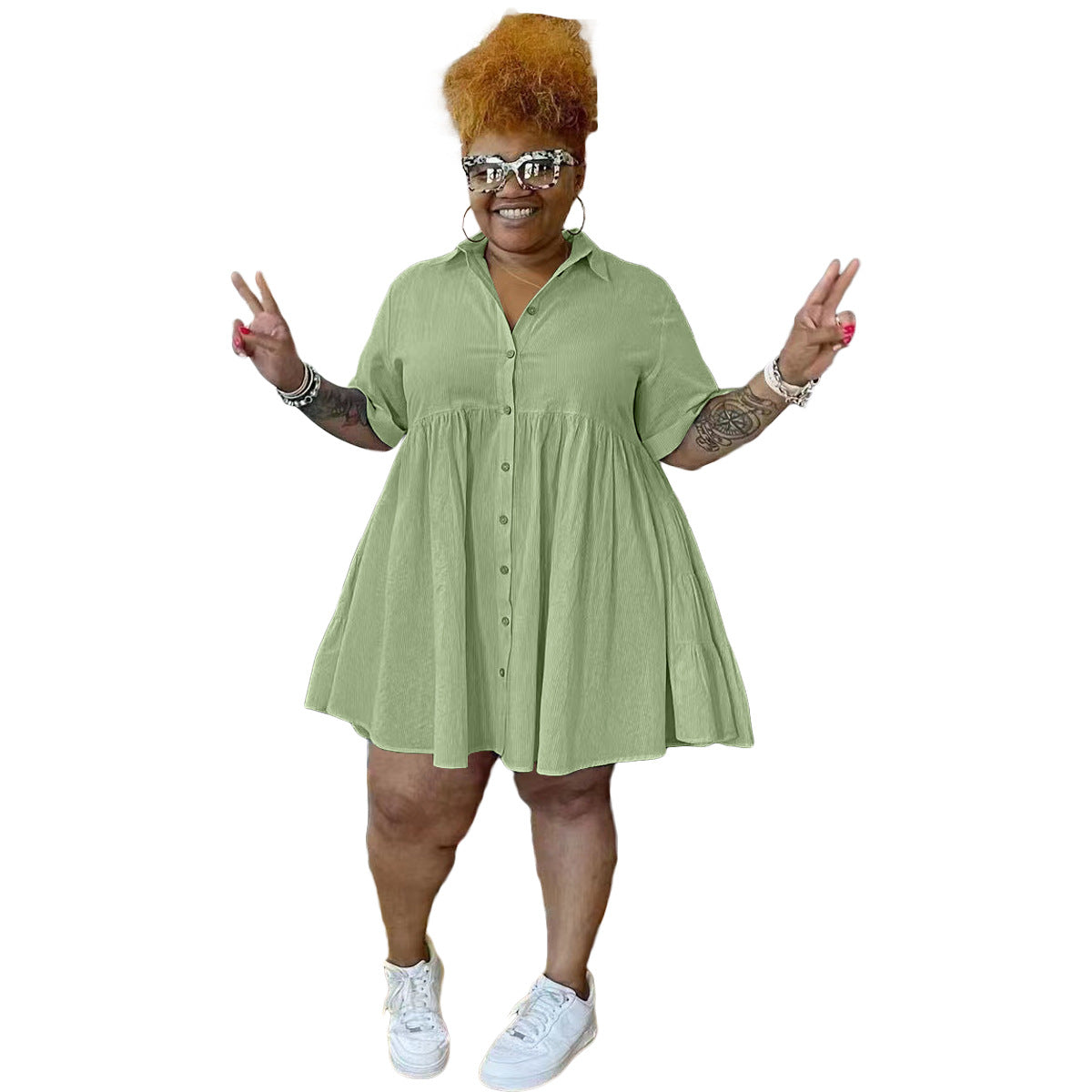 Single-Breasted Plus Size Cotton and Linen Dress