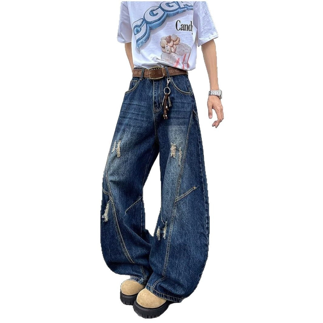 Deep blue wide leg ripped denim micro flared pants
