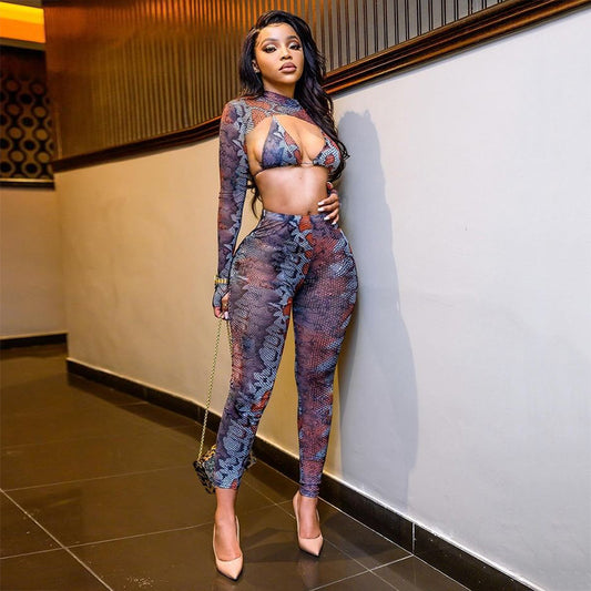 Snake Print Halter Bra High Neck Long Sleeve T-Shirt Hip Lift Pants Set