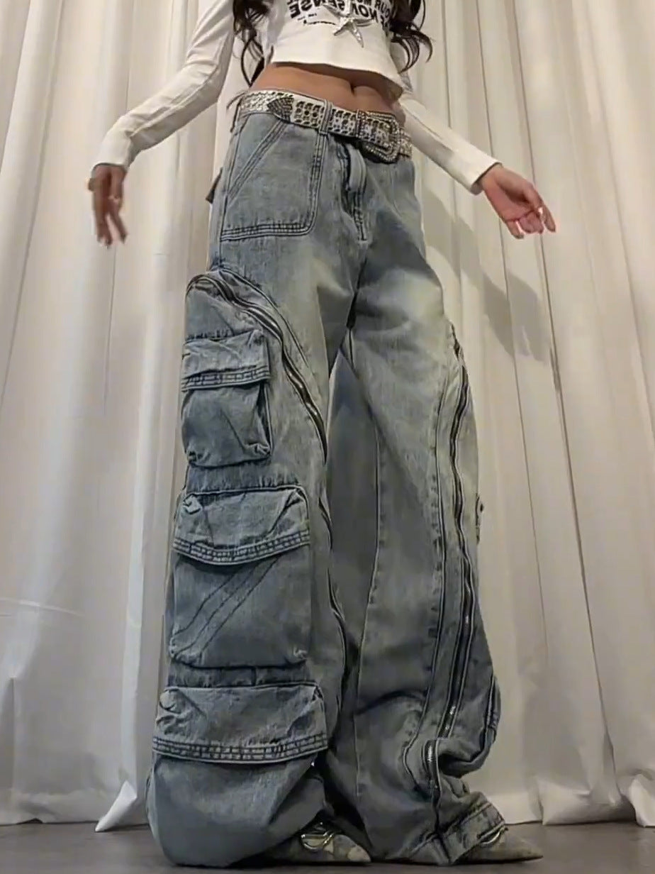 Washed Multi Pocket Jeans Straight Leg Loose Wide Leg Pants