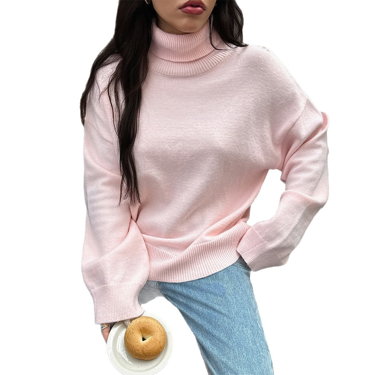 High necked woolen long sleeved sweater for women's clothing