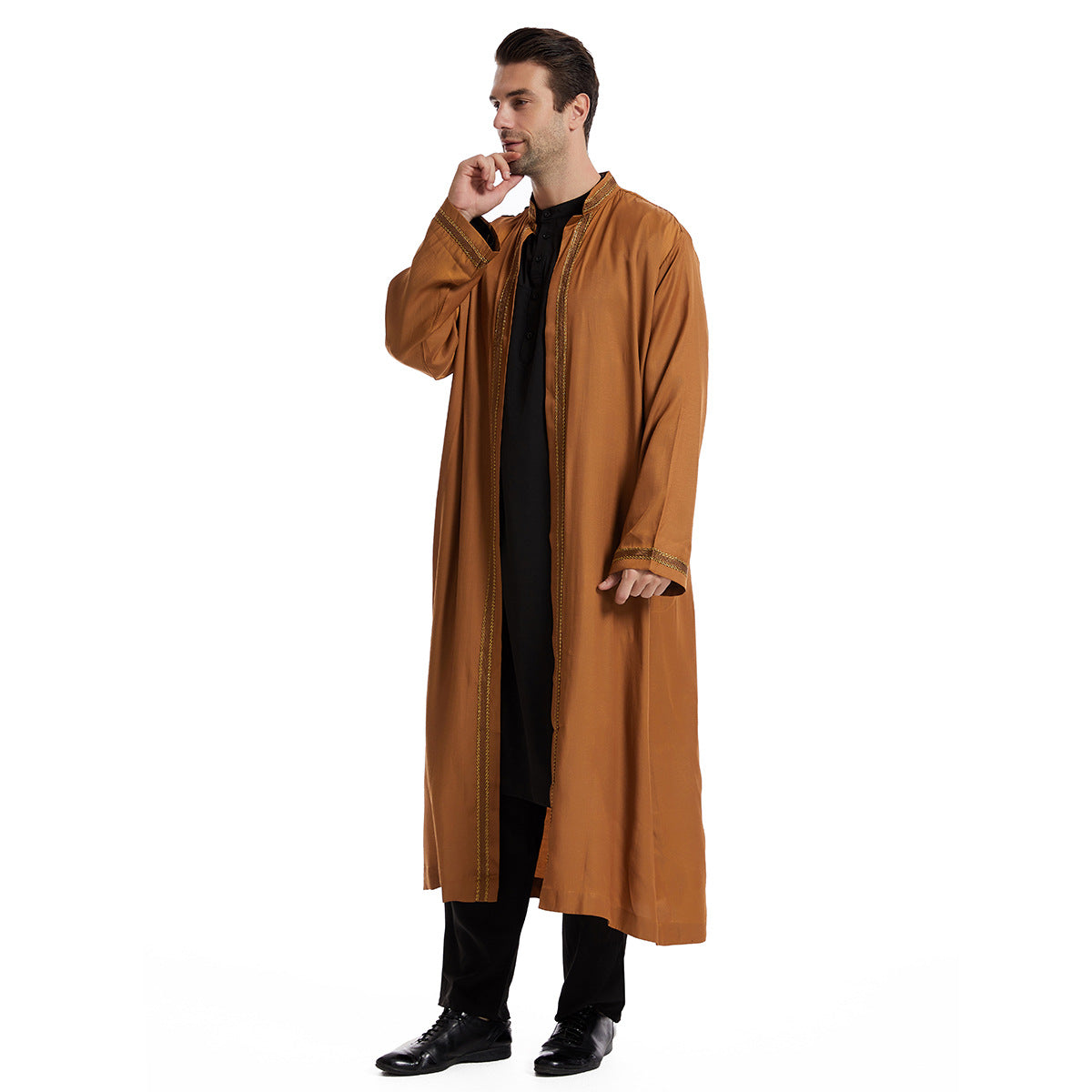 Men Open Abaya Saudi Jubba Thobe Islamic Clothing Ramadan Kimono Long Sleeve Robe Caftan Dubai Stand Collar Arabic