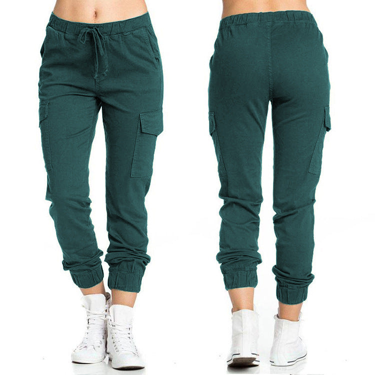 Solid Color Jogger Cargo Pants Multi-Pocket Drawstring Elastic Waist Sports Pants