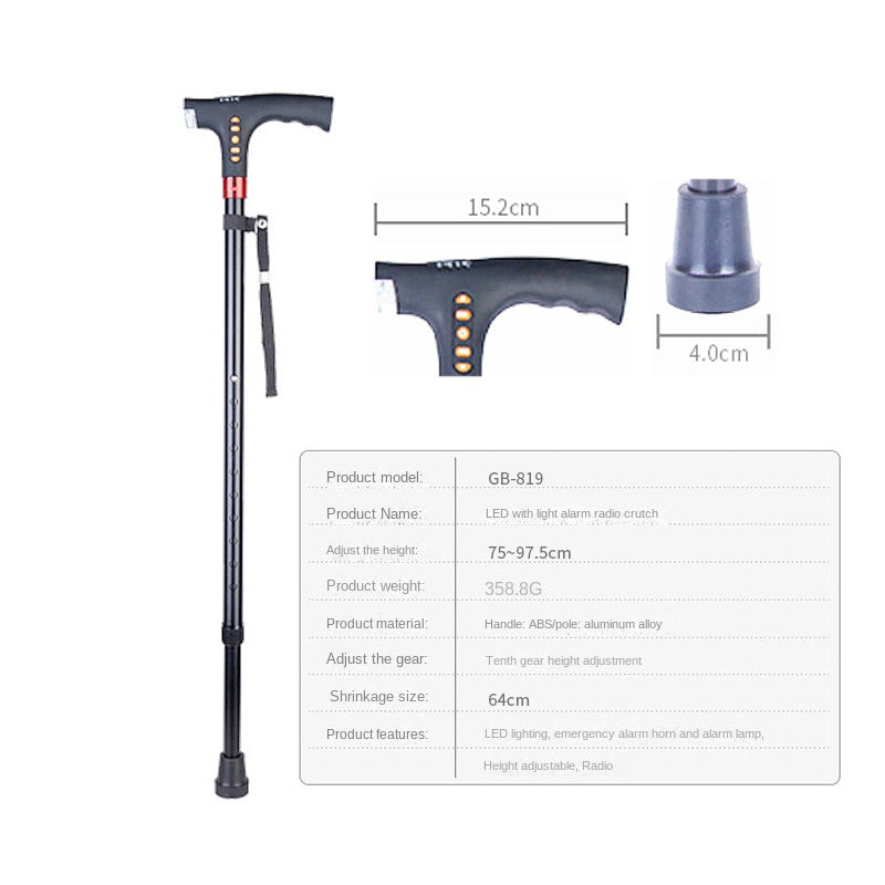 Smart Walking Stick Multi-functional LED Light, Alarm, Radio, Adjustable Smart Cane with Handle