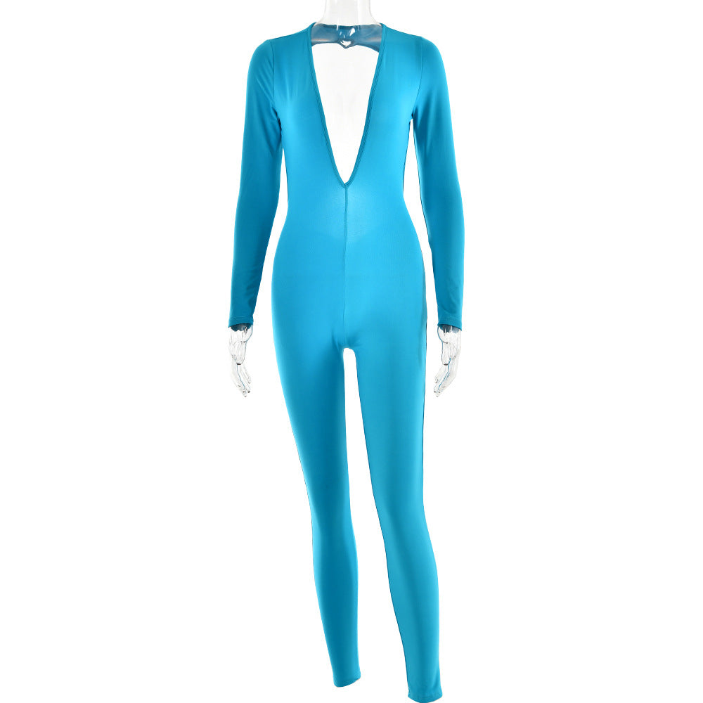 Deep V-Neck Long Sleeved Leggings Backless Tight Jumpsuit