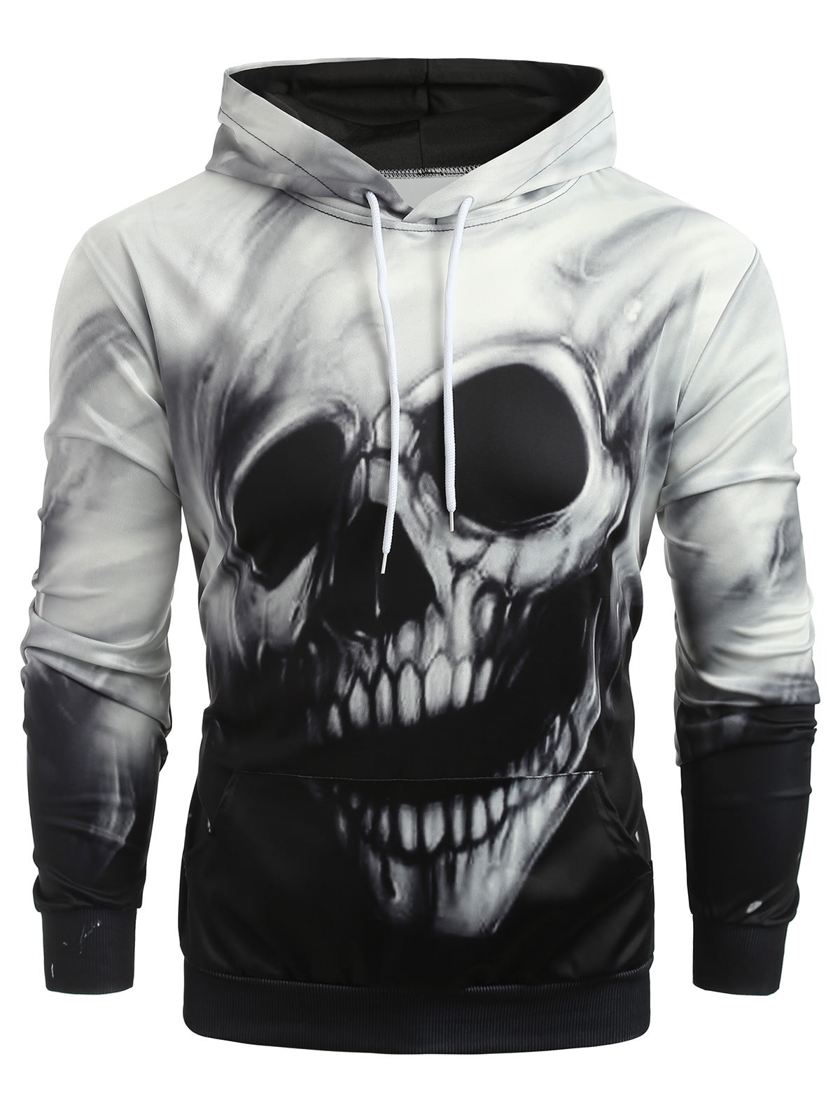 3D Printed Skull Print Long Sleeve Kangaroo Pocket Hoodie