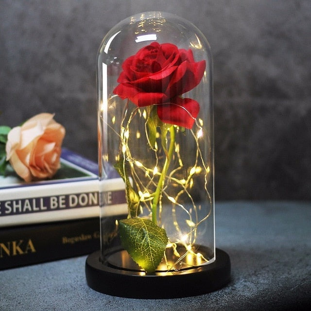 Rose In Flask Led Rose Flower Light Black Base Glass Dome
