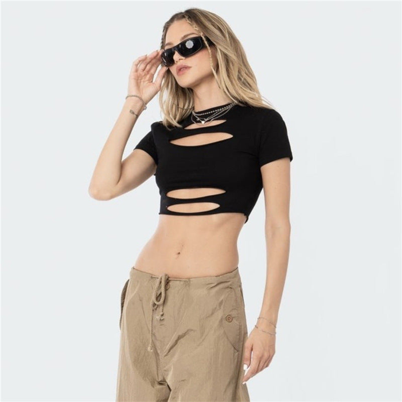 Solid Color Fashion Slim Fit Short Sleeved Hollow Out Short Top