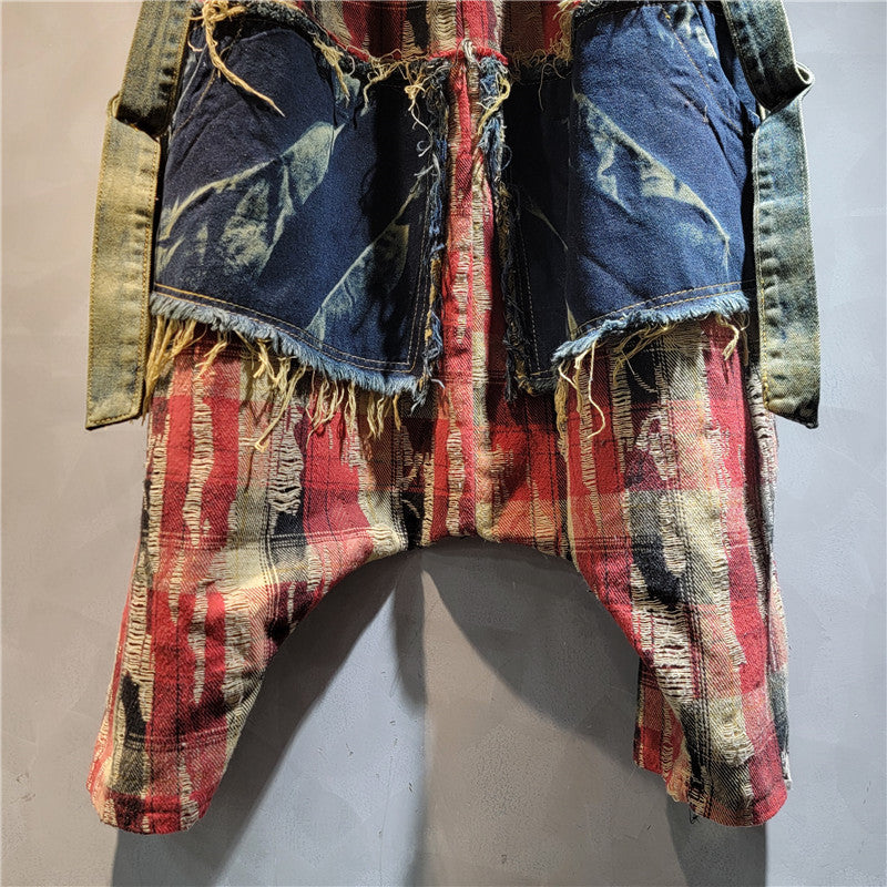 Retro Vintage Patchwork Plaid Denim High Waisted Shoulder Strap Baggy Pants