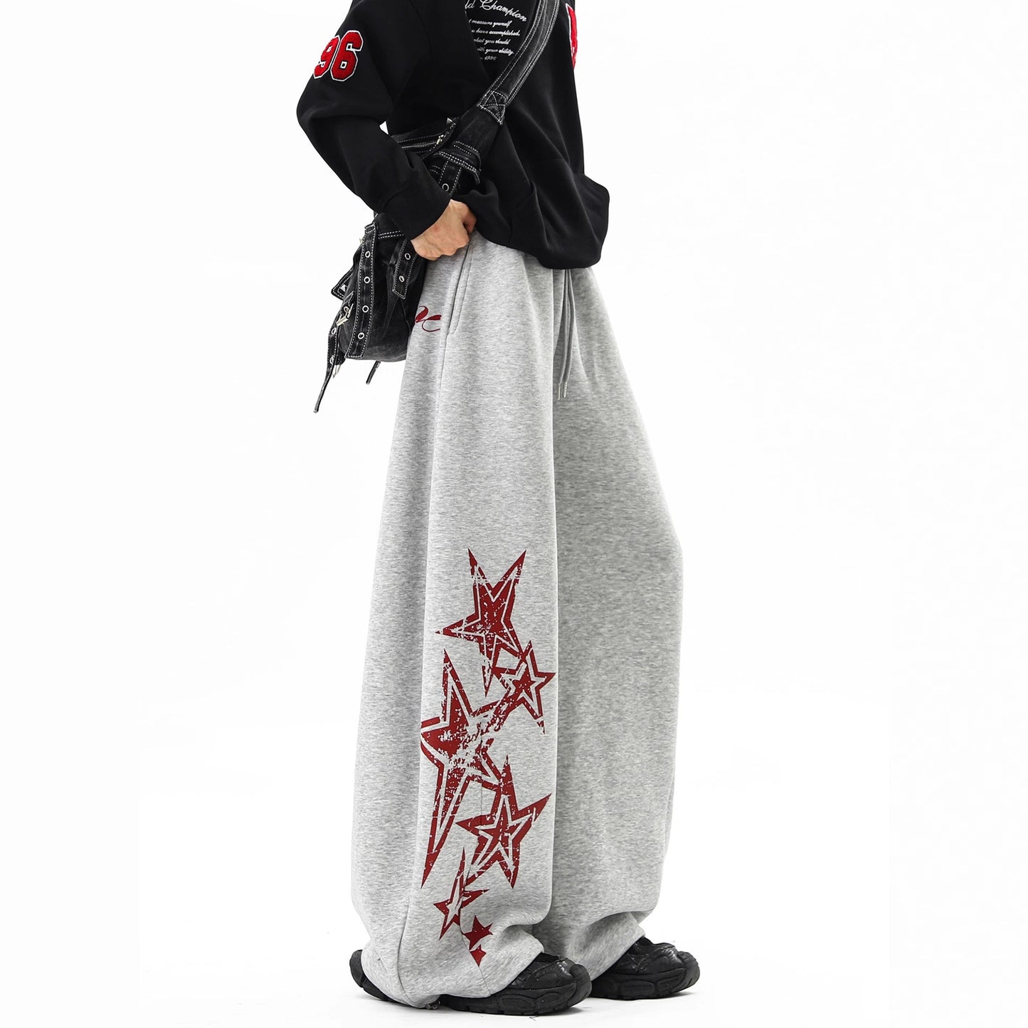 Retro Street Style Graffiti Star Distressed Sweatpants Unisex Autumn Winter Design Casual Straight Leg Oversized Long Pants
