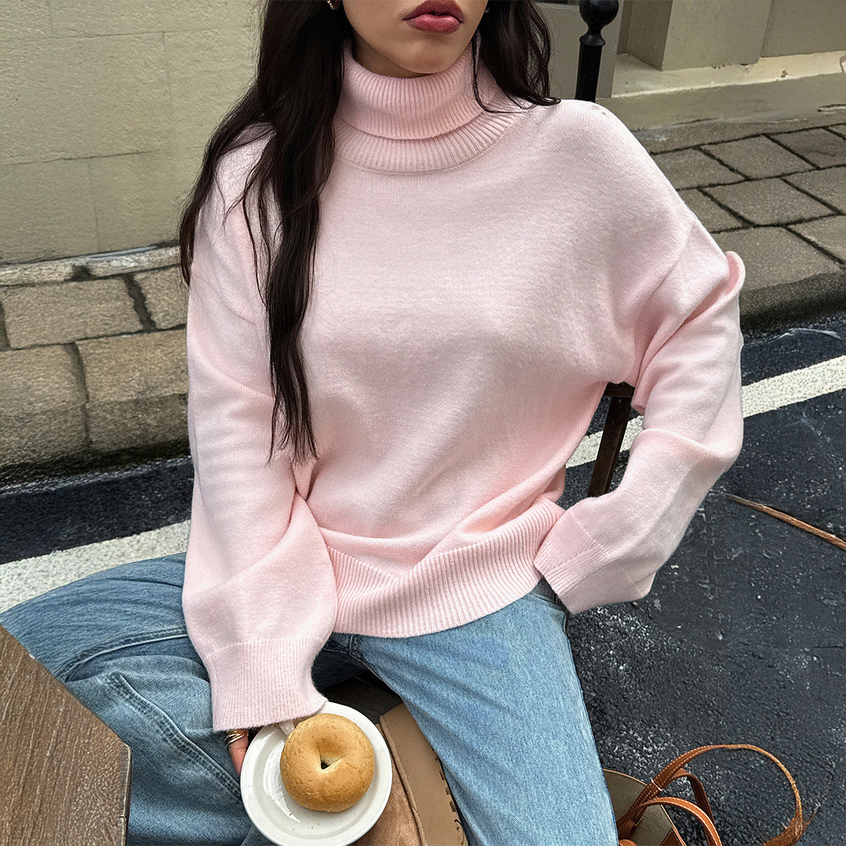 High necked woolen long sleeved sweater for women's clothing