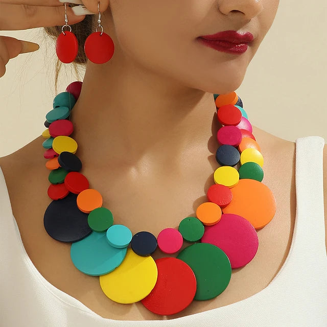 Boho Doublelayer Big Colorful Wood Necklace Earrings Sets Wedding Indian Africal Beads Jewelry