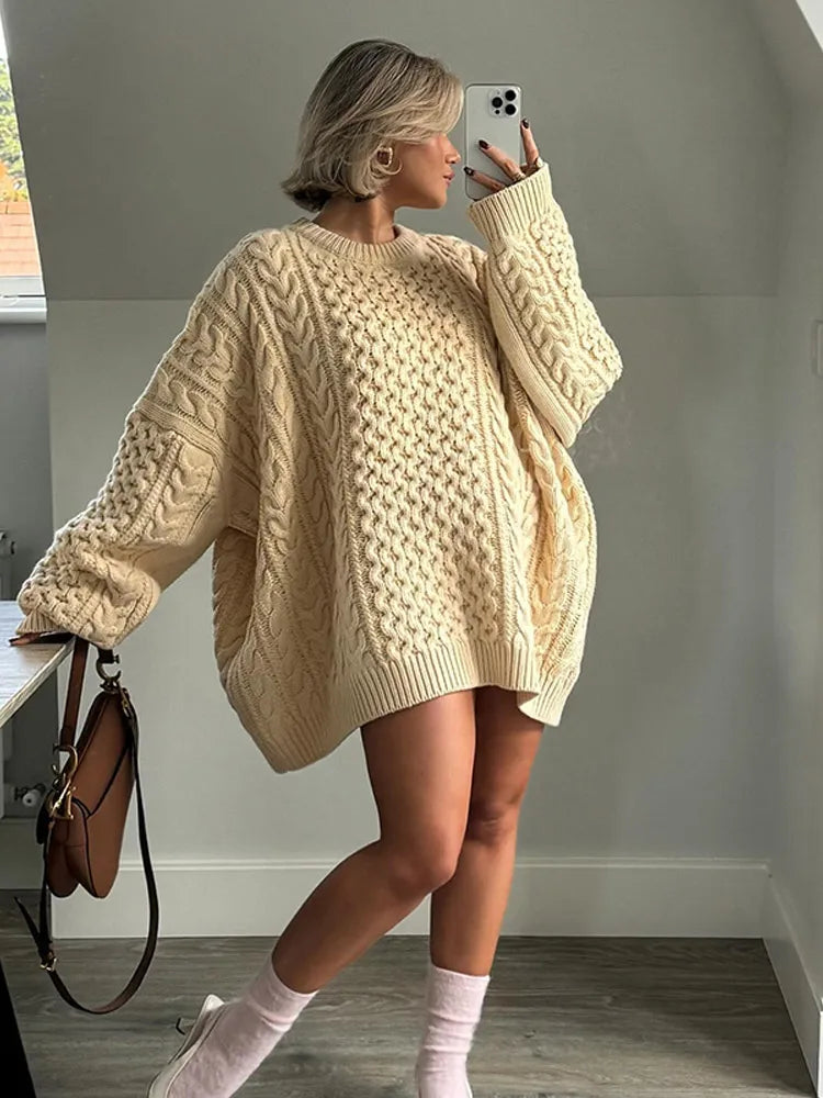 Texture Loose Knitted Sweater Round Neck Casual Twists Pullover Sweaters Vintage Thickened Knitwear Autumn Winter Top