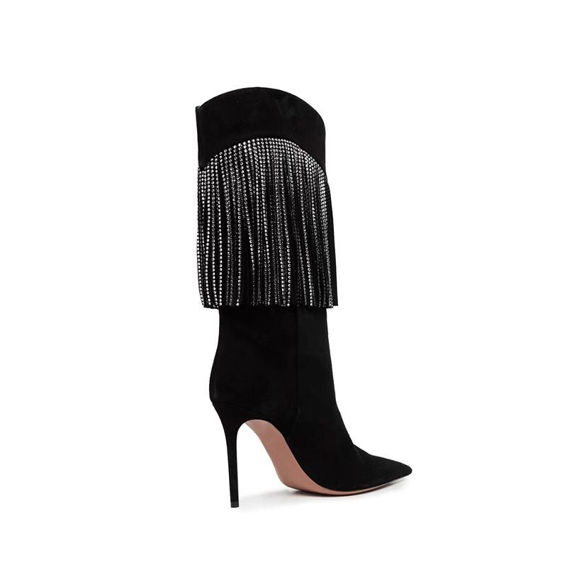 Pointed Toe Rhinestone Silver Tassel Stiletto Suede Super High Heels