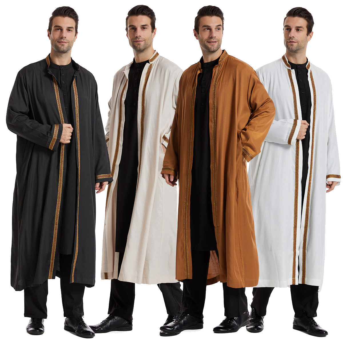 Men Open Abaya Saudi Jubba Thobe Islamic Clothing Ramadan Kimono Long Sleeve Robe Caftan Dubai Stand Collar Arabic