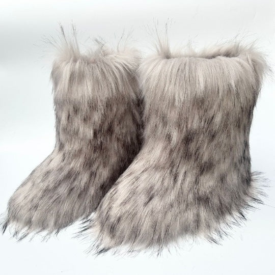 Fuzzy Fluffy Fur Boots Plush lining Slip-on Rubber Flat Footwear