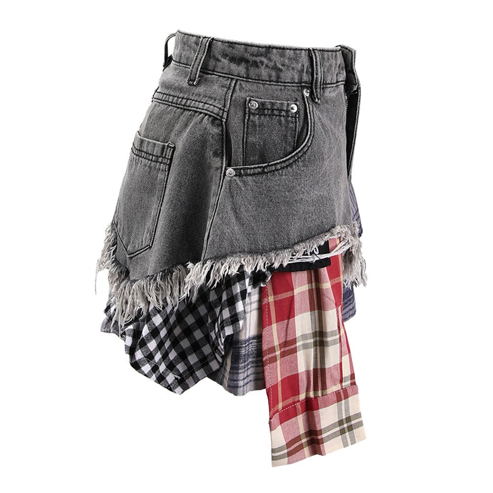 Denim high waisted short patchwork skirt