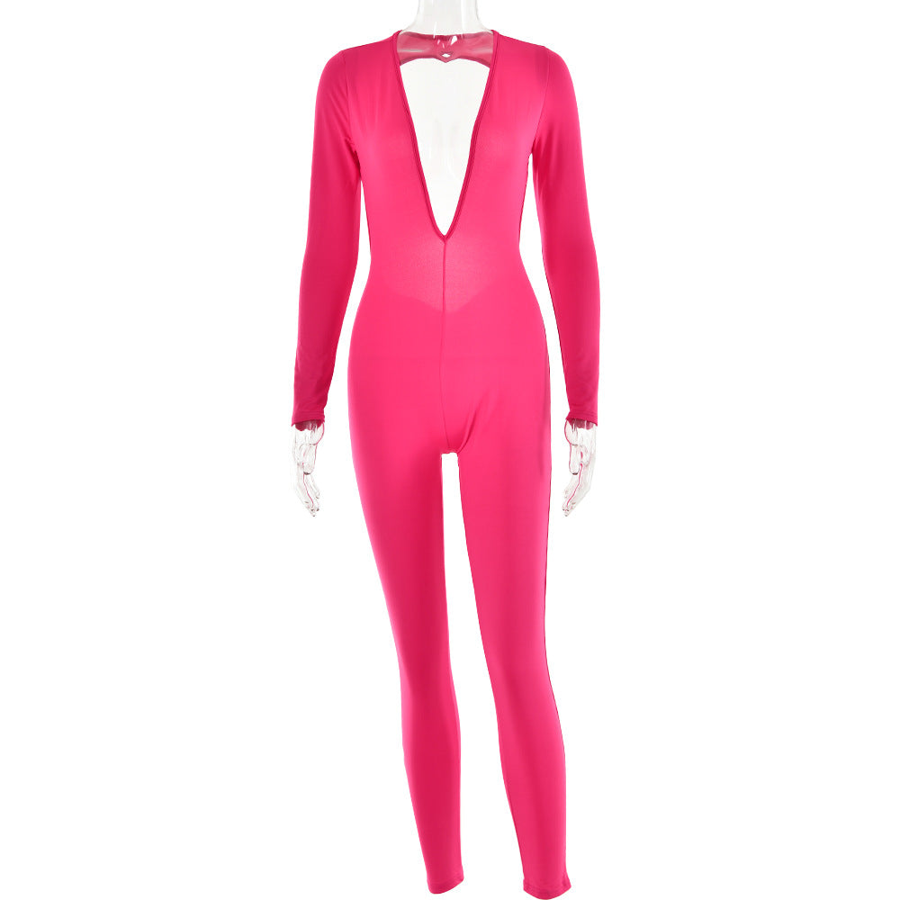 Deep V-Neck Long Sleeved Leggings Backless Tight Jumpsuit