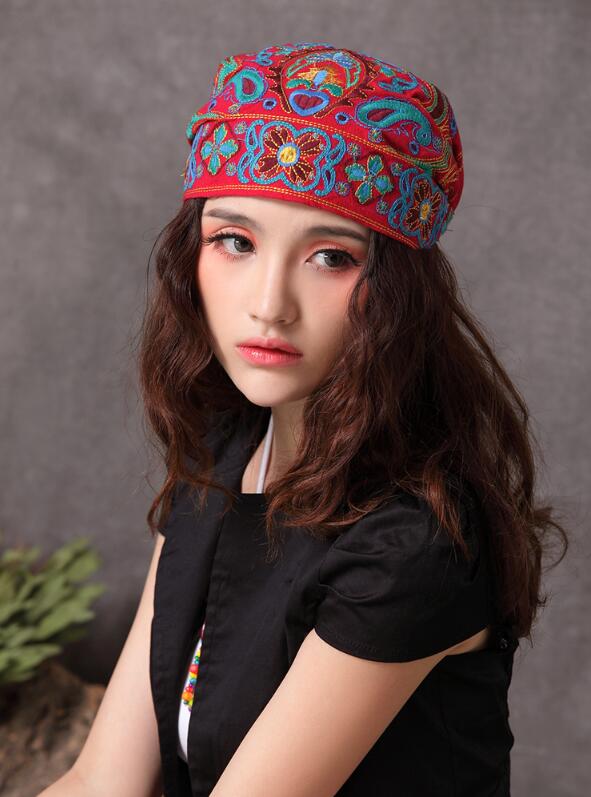Vintage Embroidery Flowers Bandanas Red Print Hat