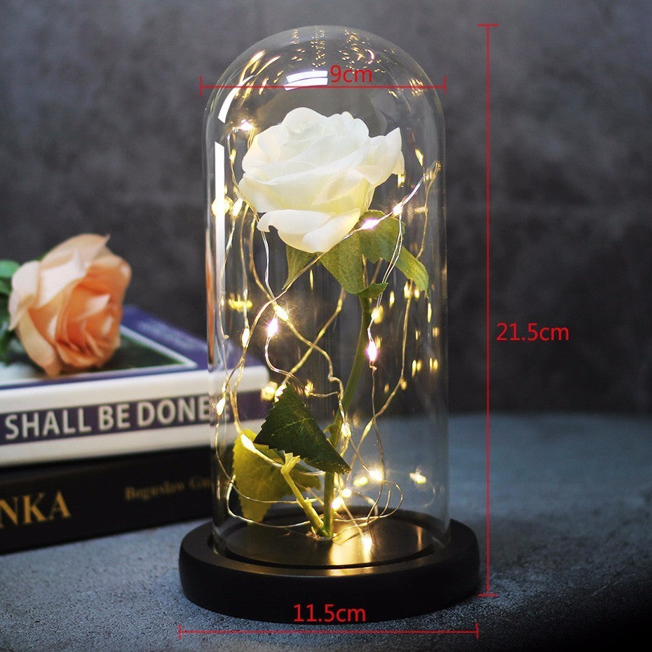 Rose In Flask Led Rose Flower Light Black Base Glass Dome