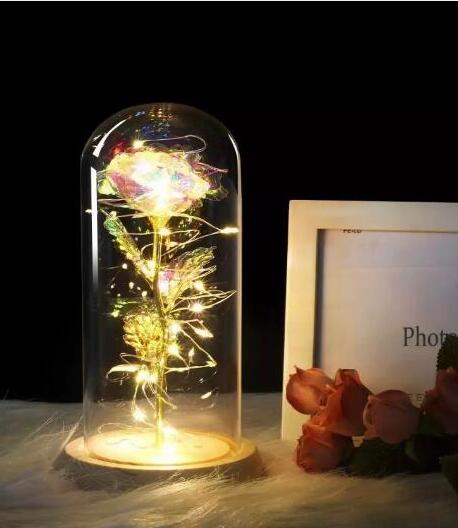 Rose In Flask Led Rose Flower Light Black Base Glass Dome