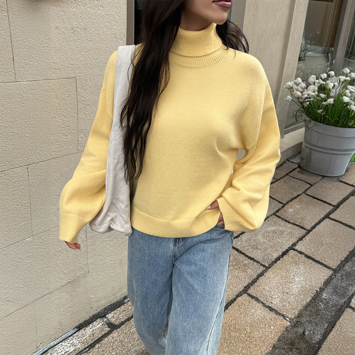 High necked woolen long sleeved sweater for women's clothing