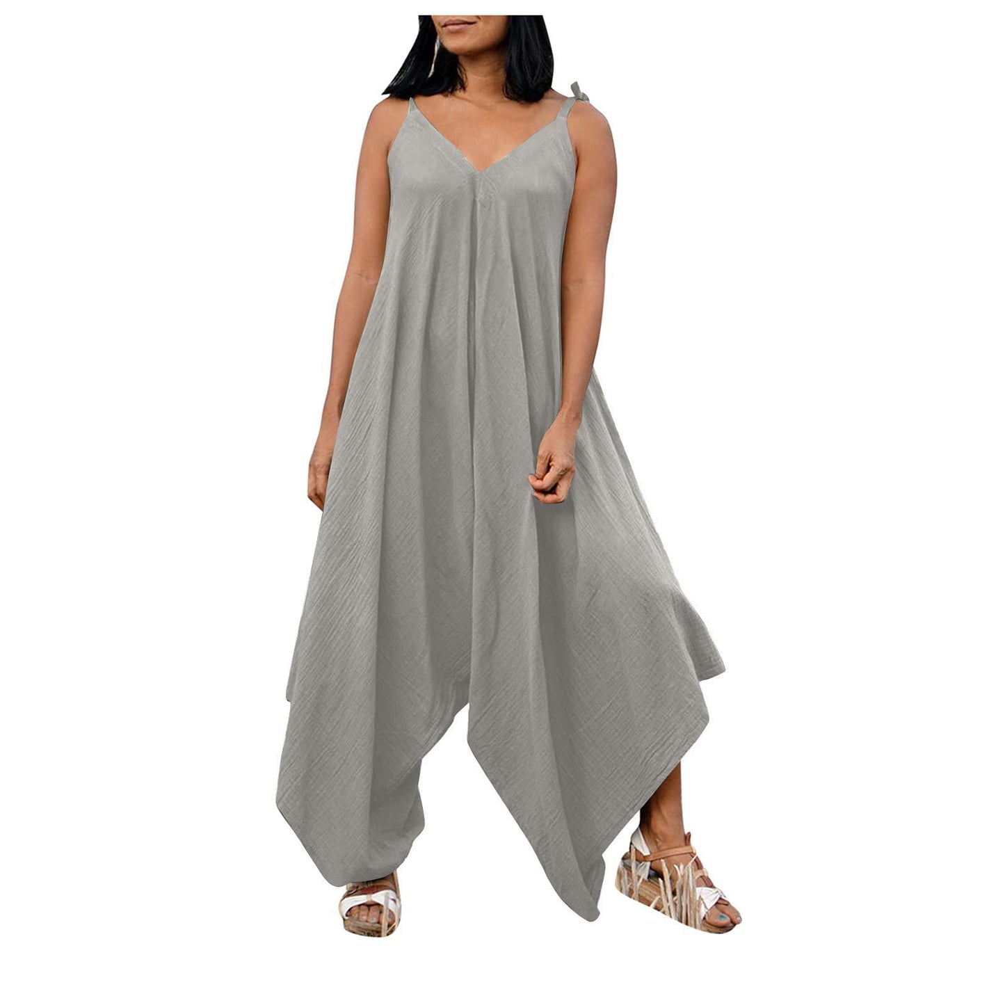 Solid color suspender backless V-neck sleeveless loose wide leg pants jumpsuit