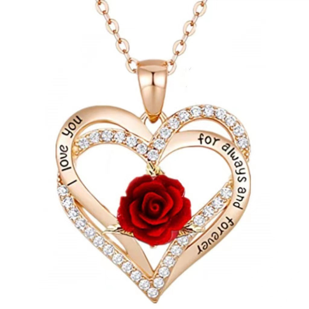 Double-layer heart-shaped pendant with roses, European and American fashionable love necklace
