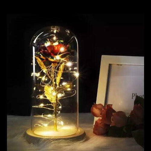 Rose In Flask Led Rose Flower Light Black Base Glass Dome