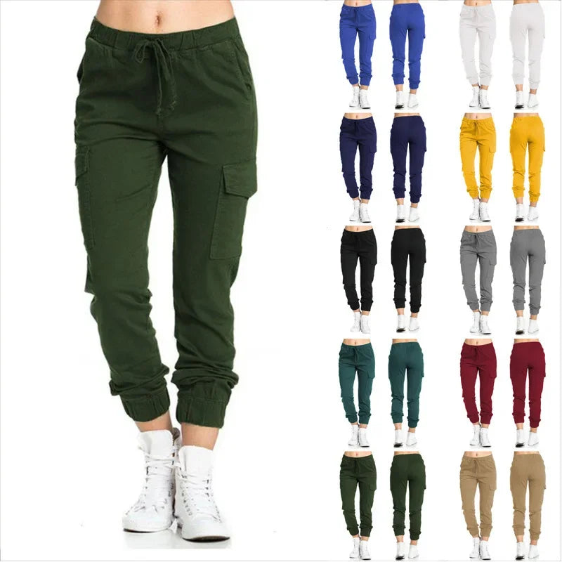 Solid Color Jogger Cargo Pants Multi-Pocket Drawstring Elastic Waist Sports Pants