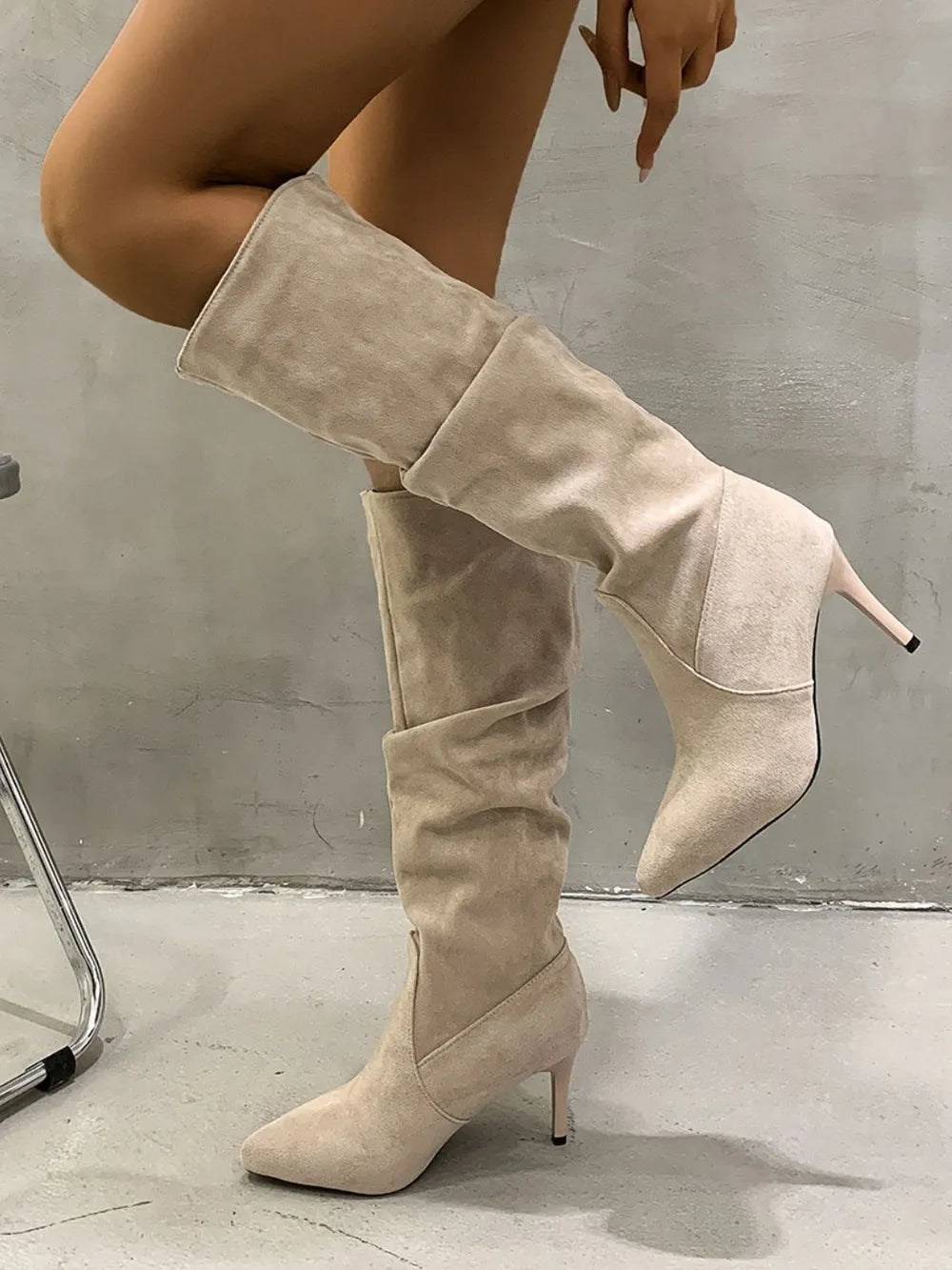 Pleated Pull-On High Heel Boots