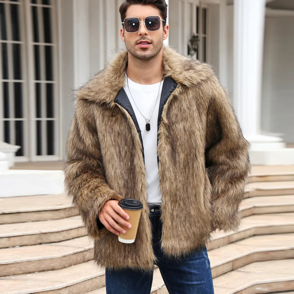 Men Faux Fox Fur Jacket Coat Winter Thick Fluffy Long Sleeve Lapel Warm Shaggy Outerwear Luxury Jacket Bontjas Jackets Mens