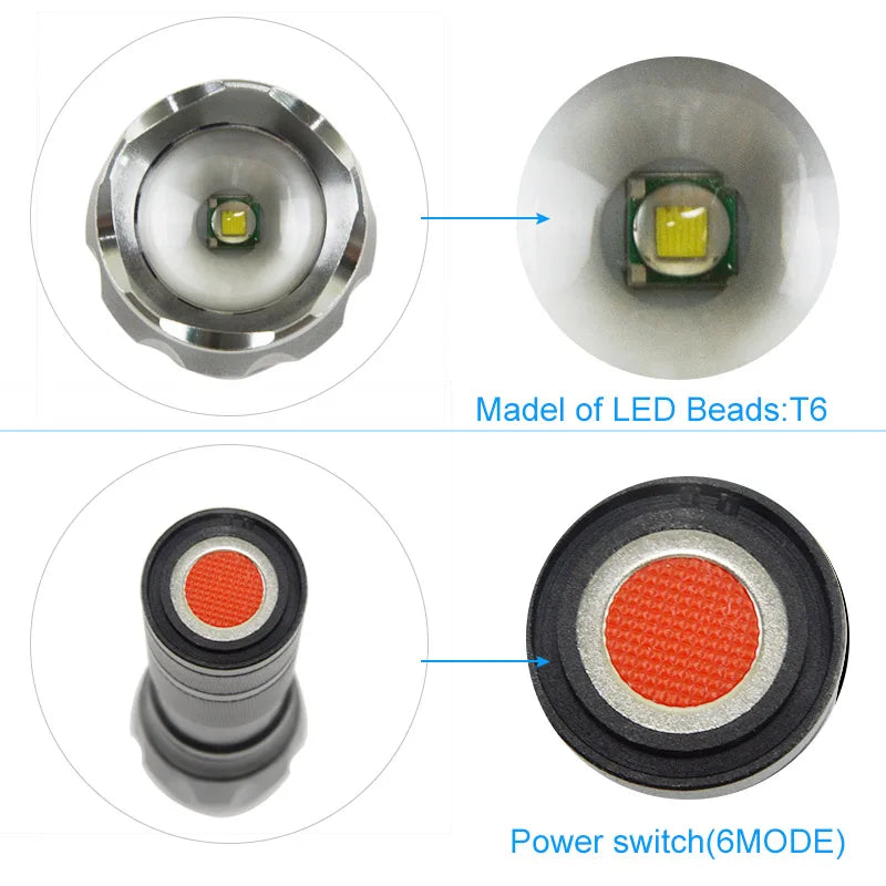 T6 Tactical Flashlight 1000 Lumens Zoom able IPX6 Waterproof Handheld Flashlight With Hidden COB Lighting