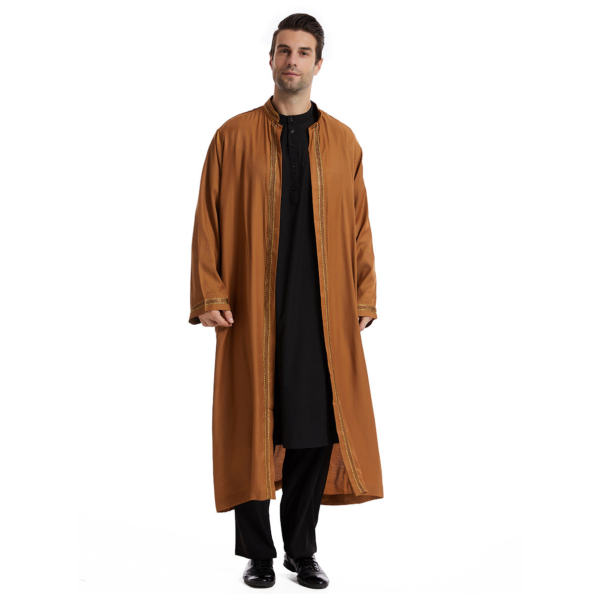 Men Open Abaya Saudi Jubba Thobe Islamic Clothing Ramadan Kimono Long Sleeve Robe Caftan Dubai Stand Collar Arabic