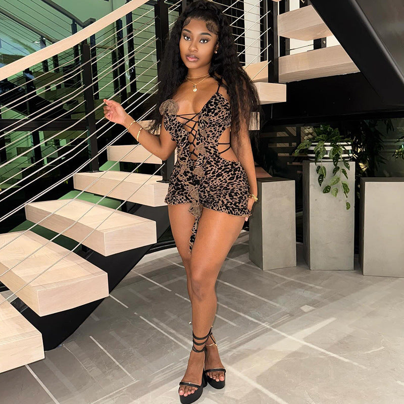 Leopard print mesh printed hollow lace up jumpsuit