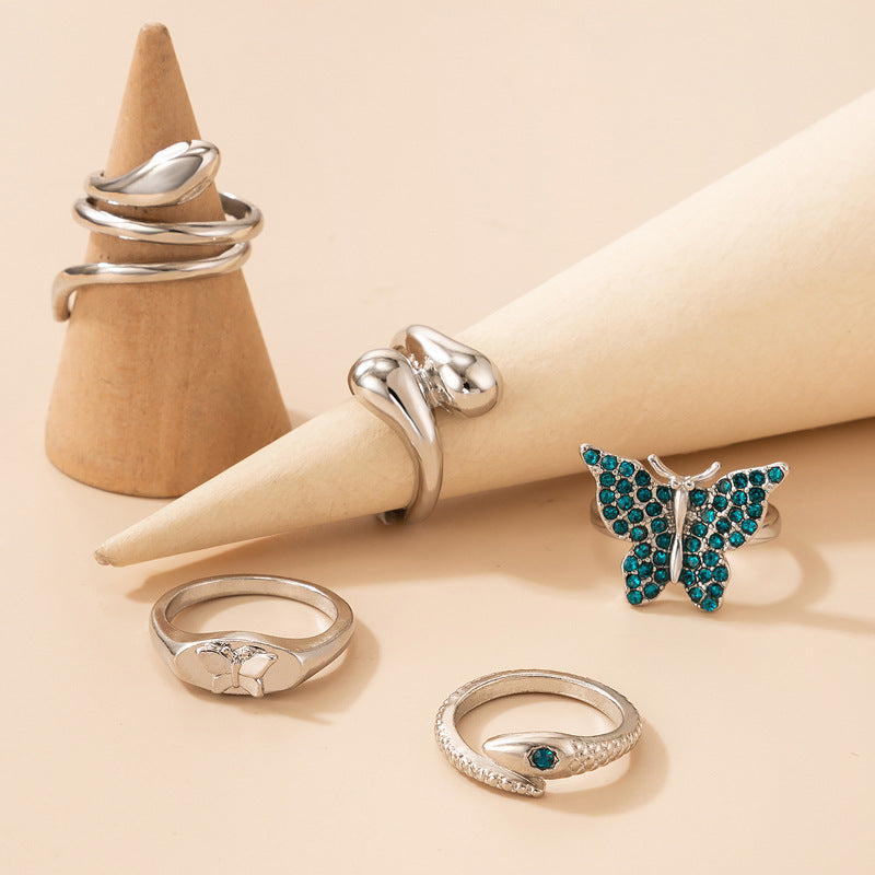 Blue Butterfly Diamond Ring Set of Five Snakes Ring Set