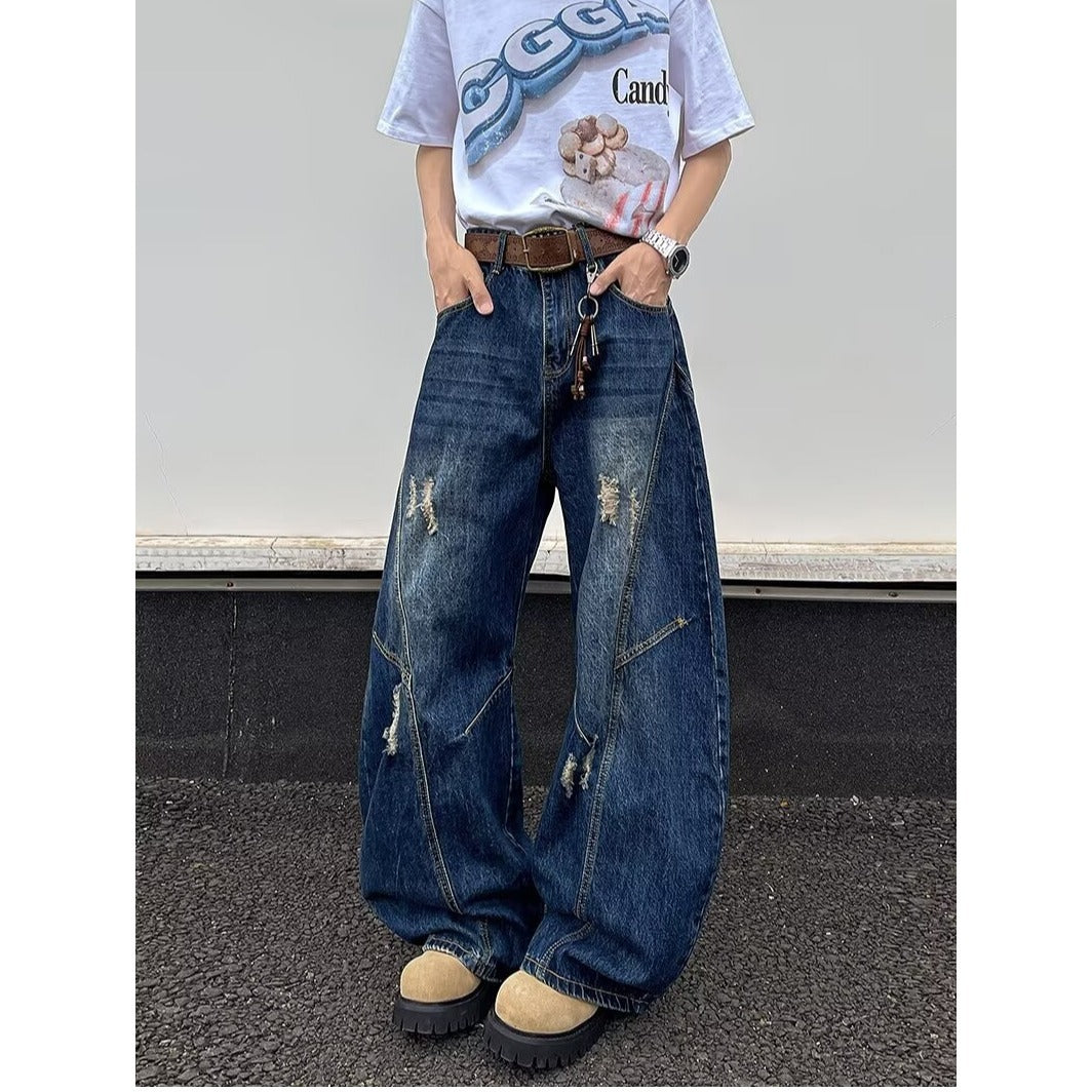 Deep blue wide leg ripped denim micro flared pants