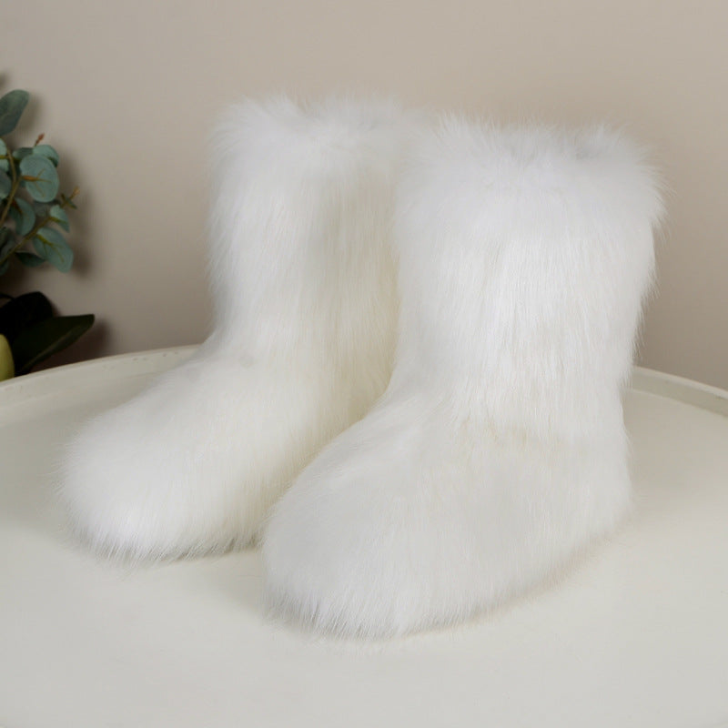 Fuzzy Fluffy Fur Boots Plush lining Slip-on Rubber Flat Footwear