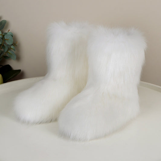 Fuzzy Fluffy Fur Boots Plush lining Slip-on Rubber Flat Footwear